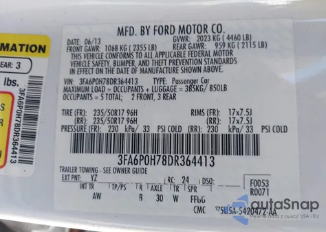 2013 Ford Fusion Se z USA, uszkodzony, nr VIN 3FA6P0H78DR364413